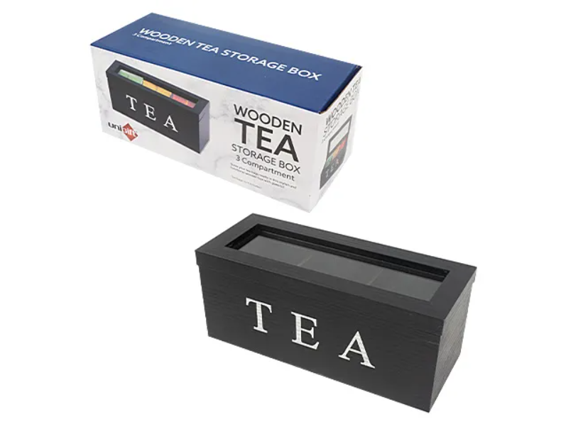 Wooden Tea Bag Chest Box Glass Window Wood Jewellery Storage Organiser Assorted 3 Sections